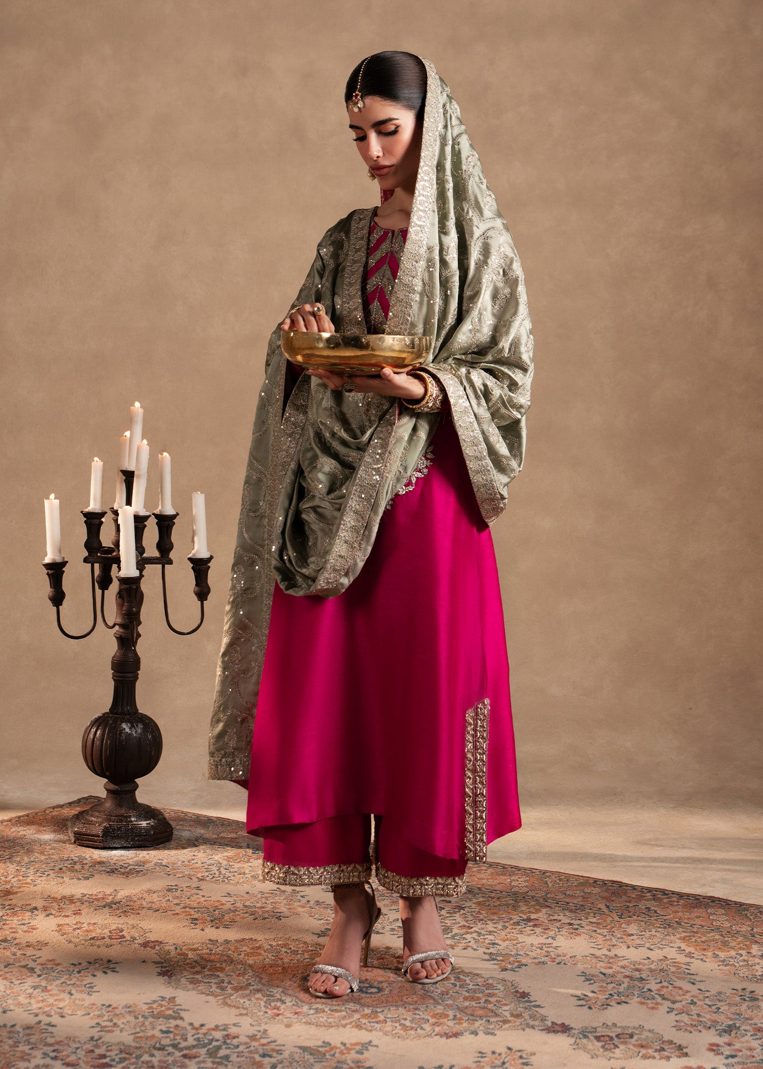 Hot Pink Hand-Worked Korean Raw Silk Salwar Kameez (3-Piece) - Image 3