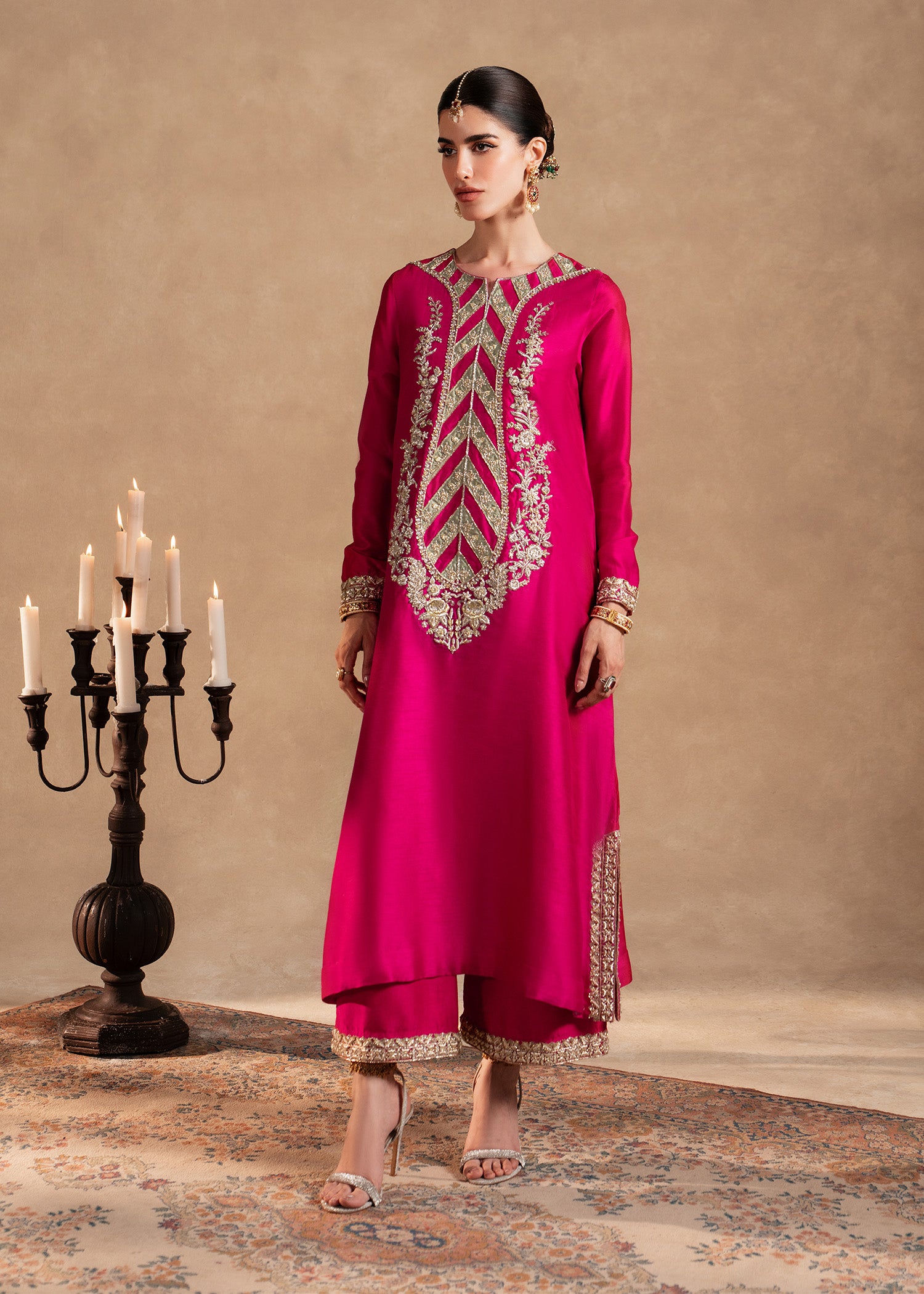 Hot Pink Hand-Worked Korean Raw Silk Salwar Kameez (3-Piece) - Image 4