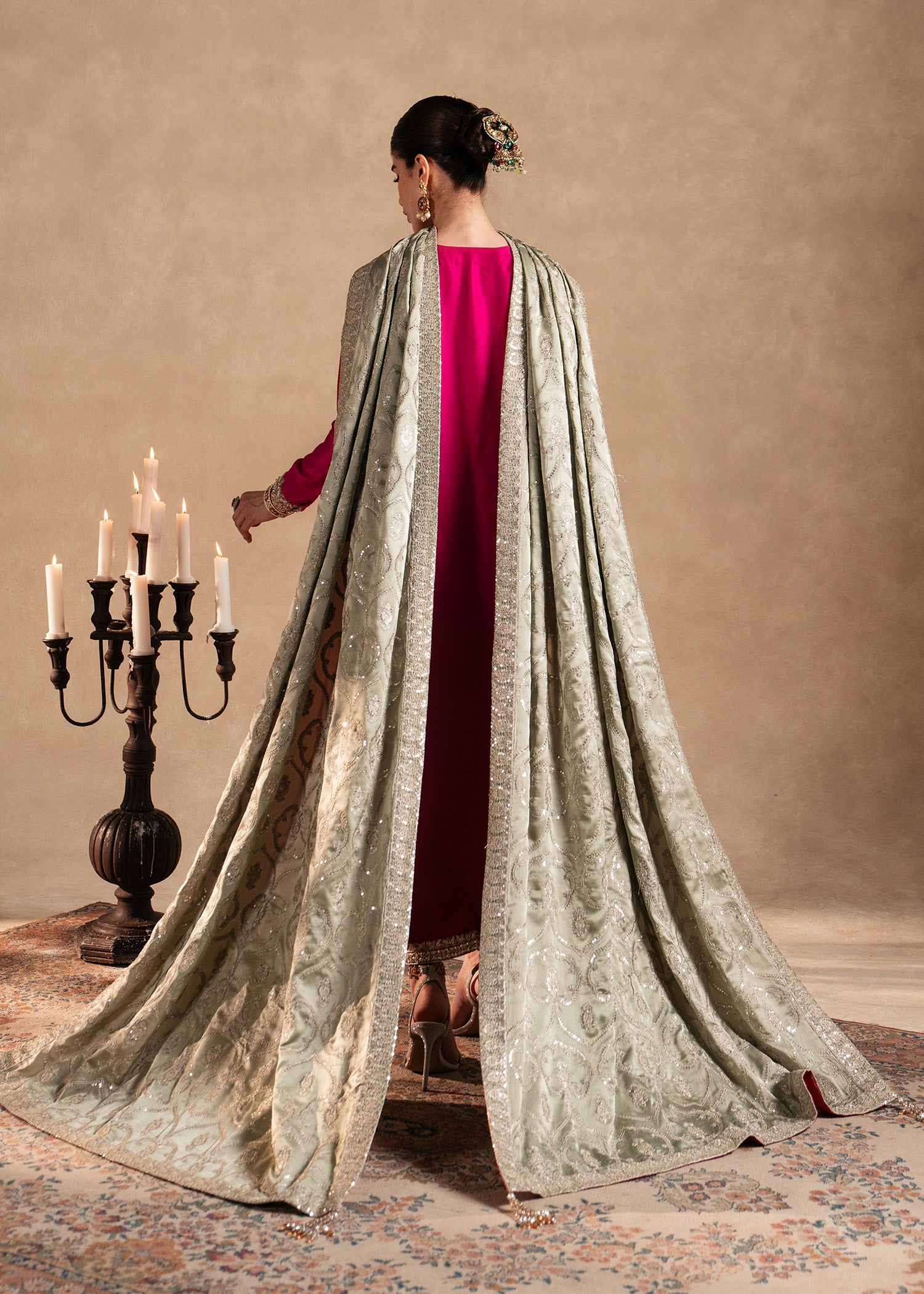 Hot Pink Hand-Worked Korean Raw Silk Salwar Kameez (3-Piece) - Image 6