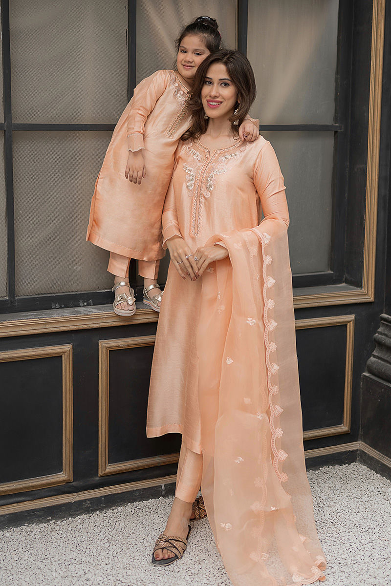 Pakistani Peach Embroidered Korean Raw Silk Salwar Kameez (3-Piece) - Image 1