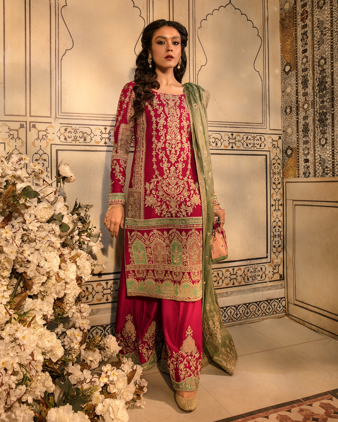 Deep Pink Embroidered Korean Raw Silk Kameez (3-Piece) - Image 1