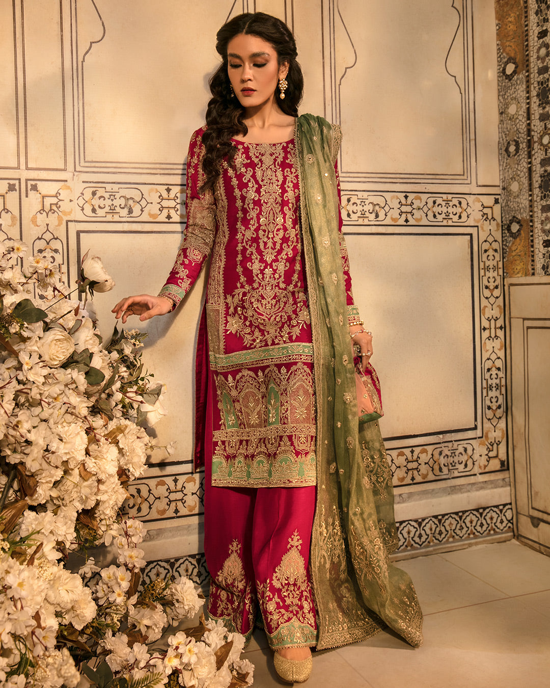 Deep Pink Embroidered Korean Raw Silk Kameez (3-Piece) - Image 3