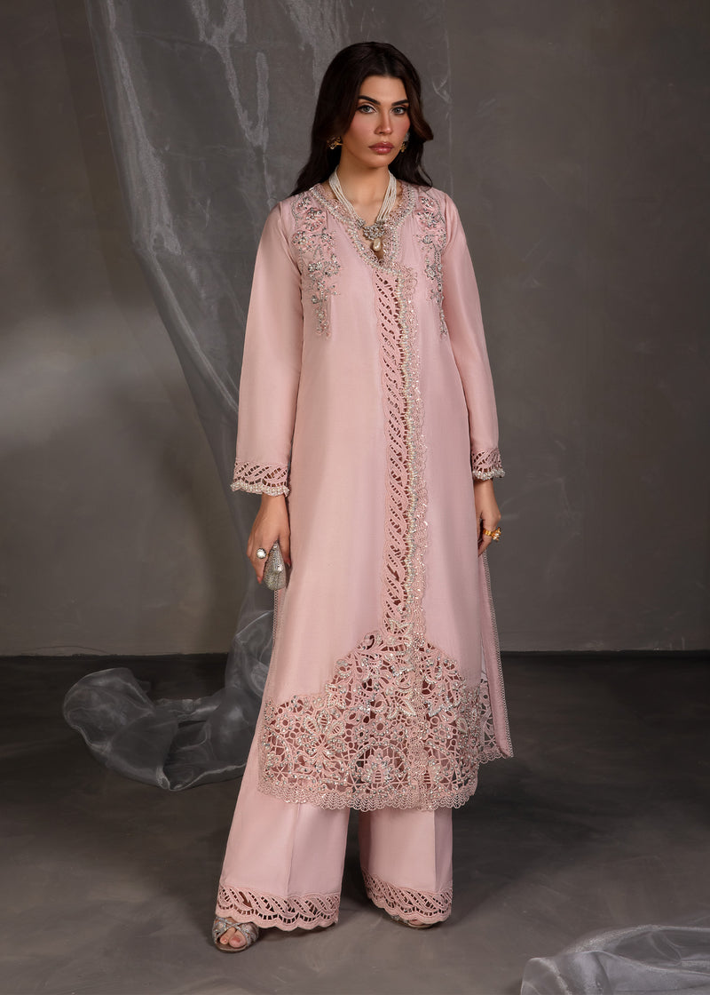 Pakistani Salmon Pink Lace Embellished Korean Silk Kameez (2-Piece) - Image 1