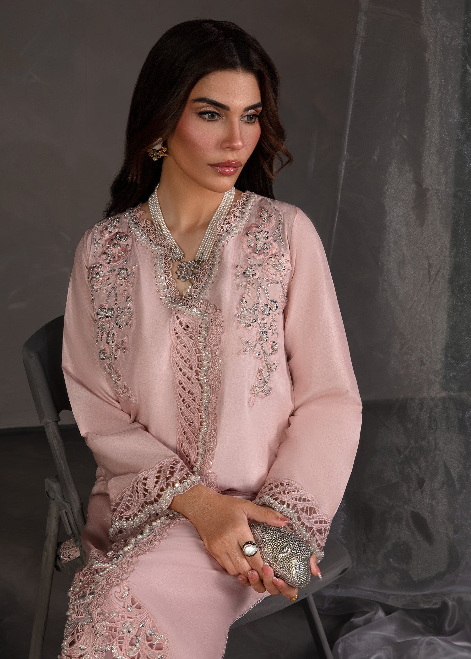 Pakistani Salmon Pink Lace Embellished Korean Silk Kameez (2-Piece) - Image 3