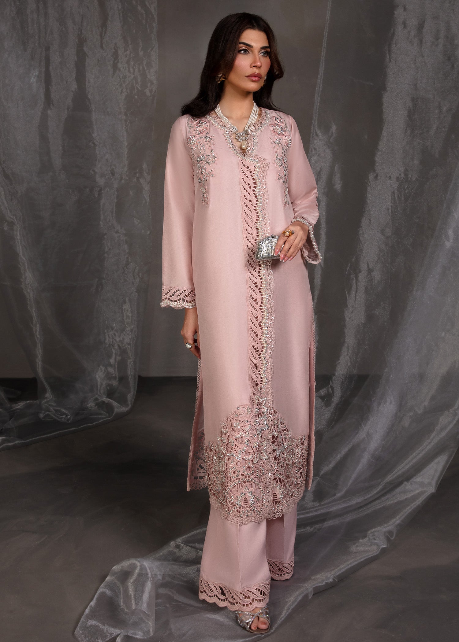 Pakistani Salmon Pink Lace Embellished Korean Silk Kameez (2-Piece) - Image 4