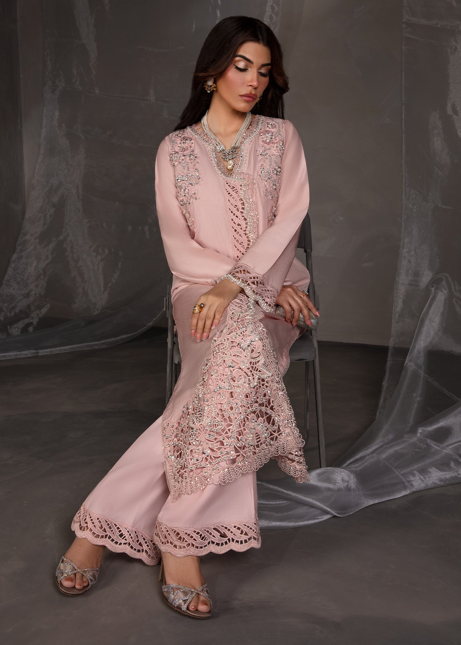 Pakistani Salmon Pink Lace Embellished Korean Silk Kameez (2-Piece) - Image 5