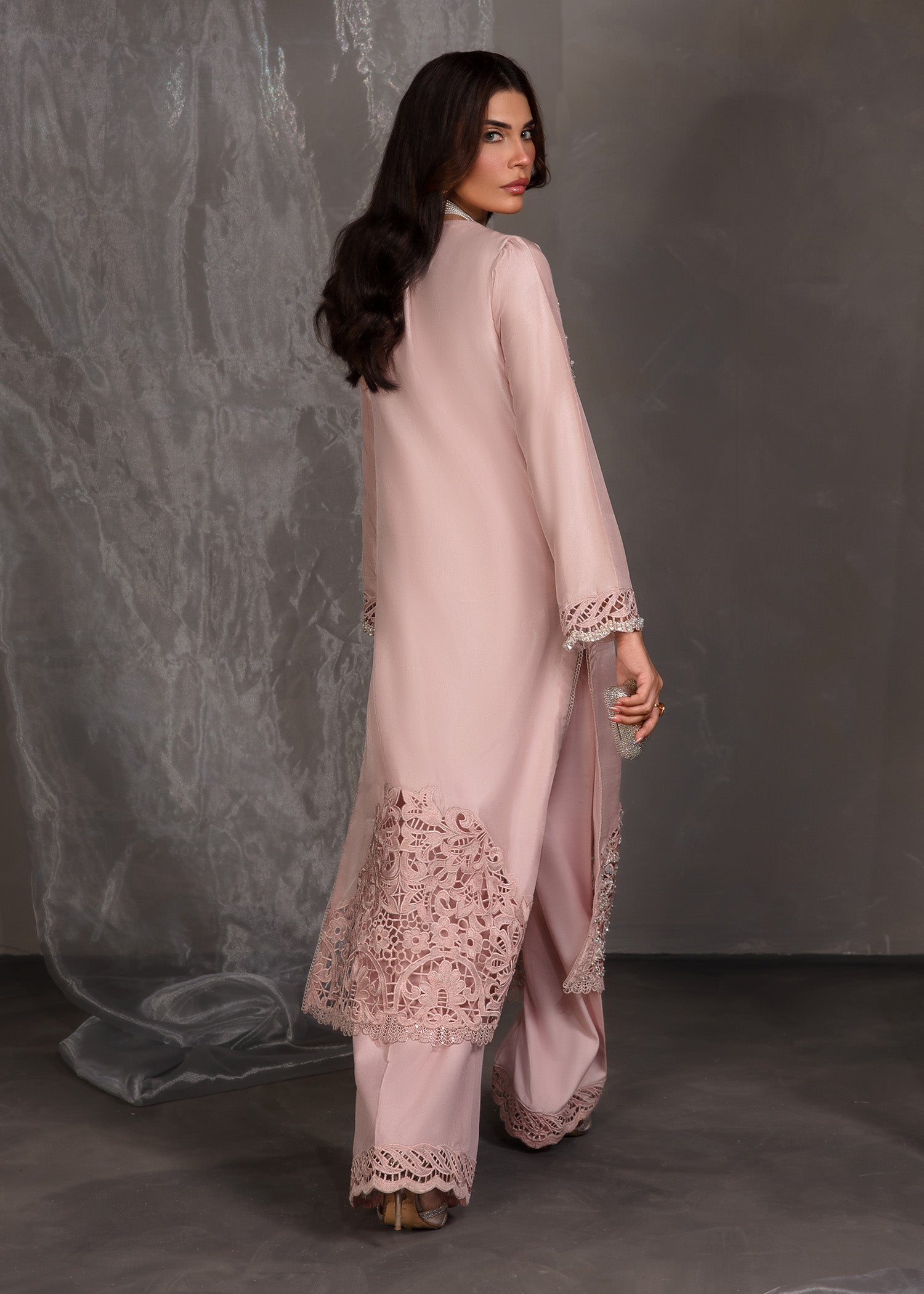 Pakistani Salmon Pink Lace Embellished Korean Silk Kameez (2-Piece) - Image 6