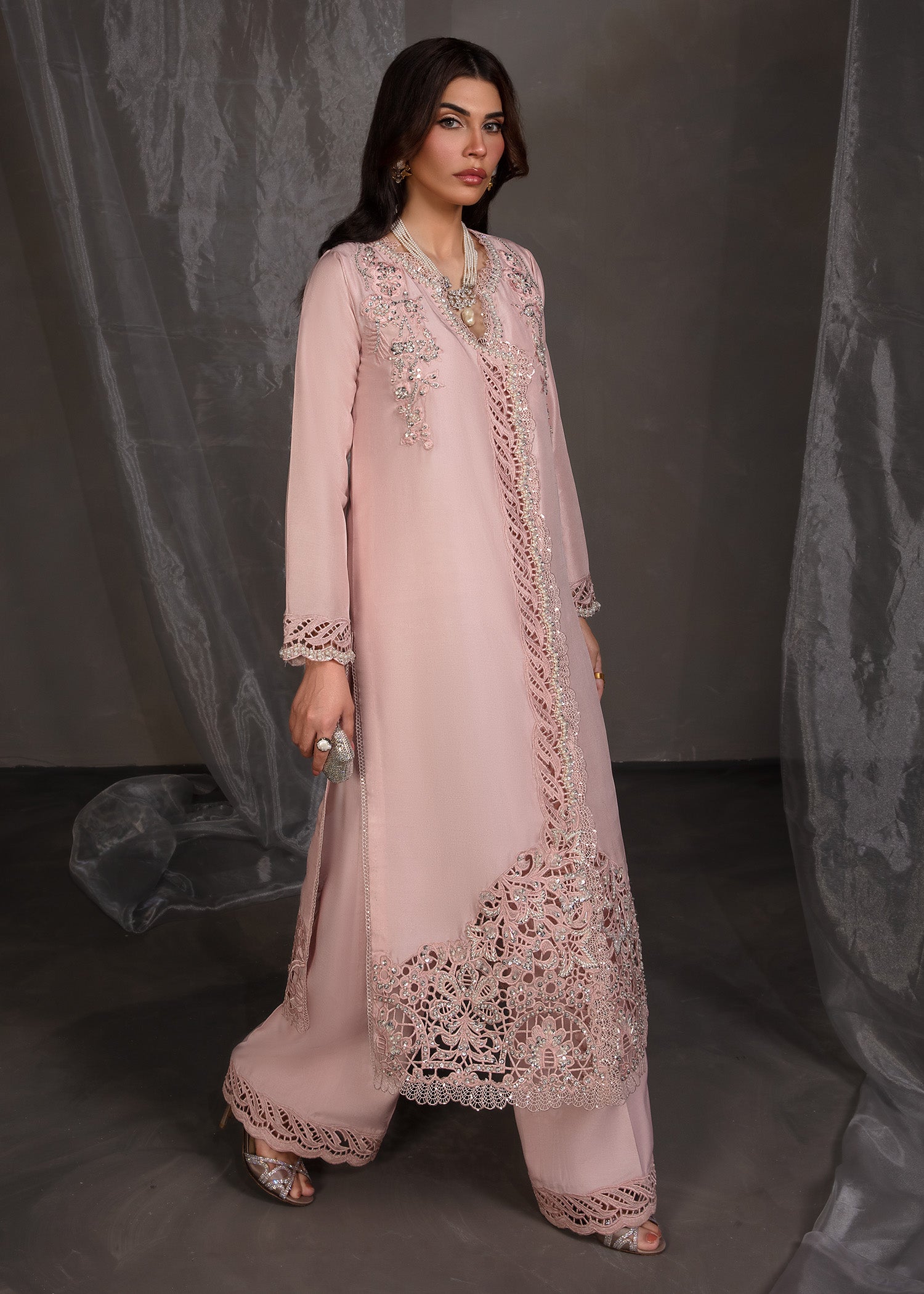 Pakistani Salmon Pink Lace Embellished Korean Silk Kameez (2-Piece) - Image 7