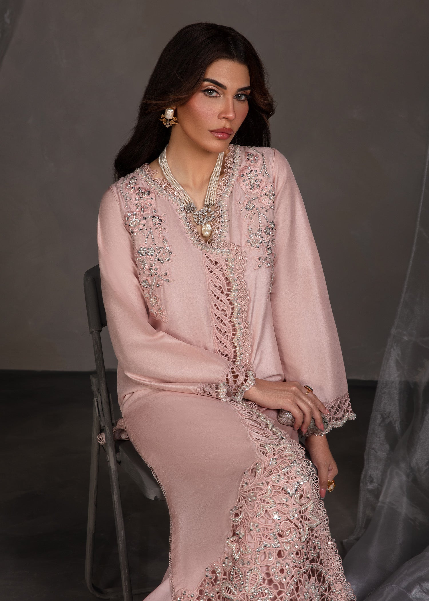 Pakistani Salmon Pink Lace Embellished Korean Silk Kameez (2-Piece) - Image 8