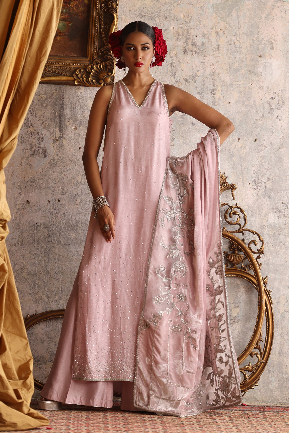 Pakistani Light Pink Silver Handworked Korean Silk Salwar Kameez (3-Piece) - Image 1