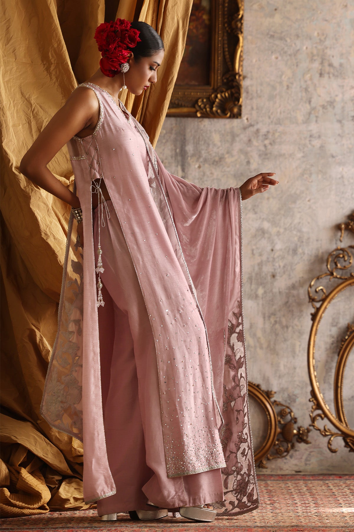 Pakistani Light Pink Silver Handworked Korean Silk Salwar Kameez (3-Piece) - Image 3