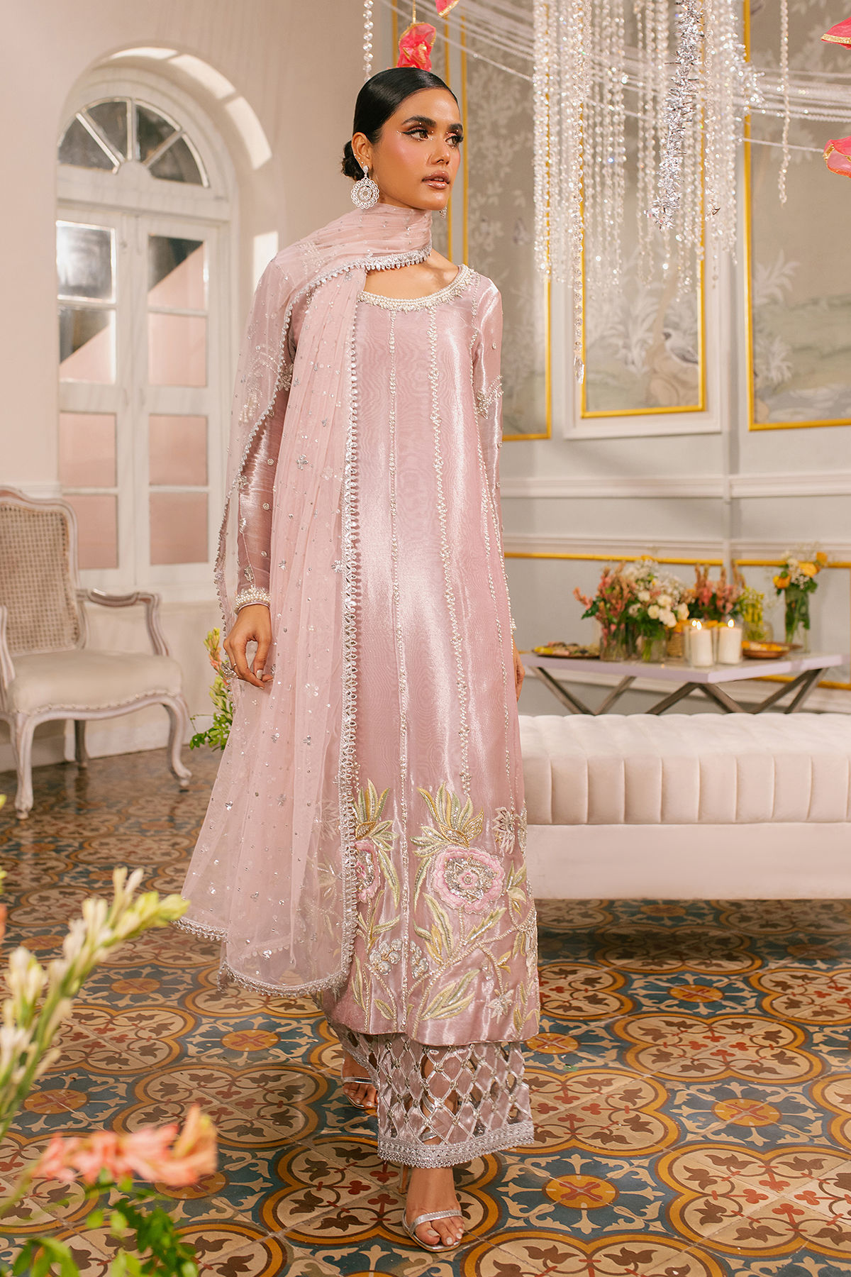 Soft Pink Embroidered Lamé Salwar Kameez (3-Piece) - Image 1