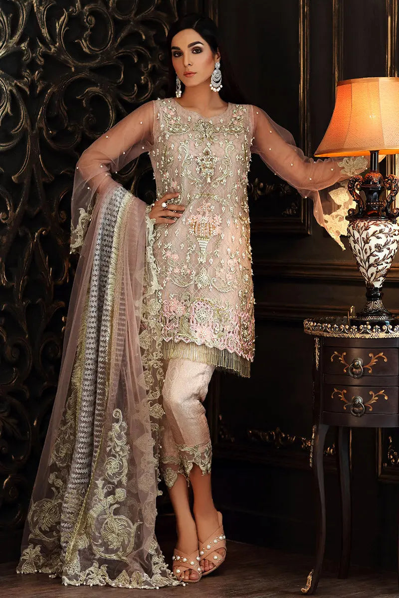 Pakistani Powder Pink Embellished Net & Jamawar Salwar Kameez (3-Piece) - Image 1