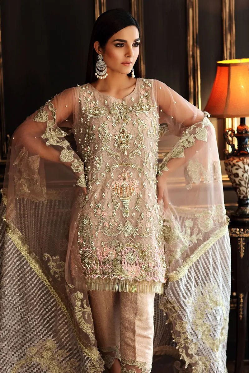 Pakistani Powder Pink Embellished Net & Jamawar Salwar Kameez (3-Piece) - Image 2