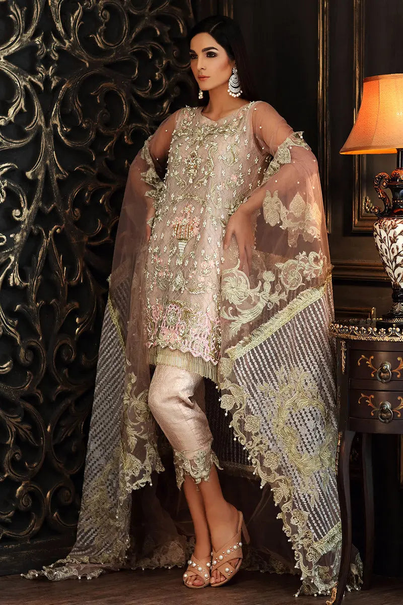 Pakistani Powder Pink Embellished Net & Jamawar Salwar Kameez (3-Piece) - Image 3