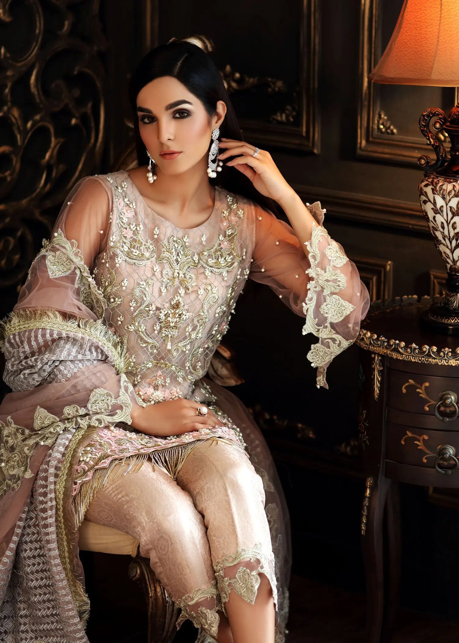 Pakistani Powder Pink Embellished Net & Jamawar Salwar Kameez (3-Piece) - Image 4