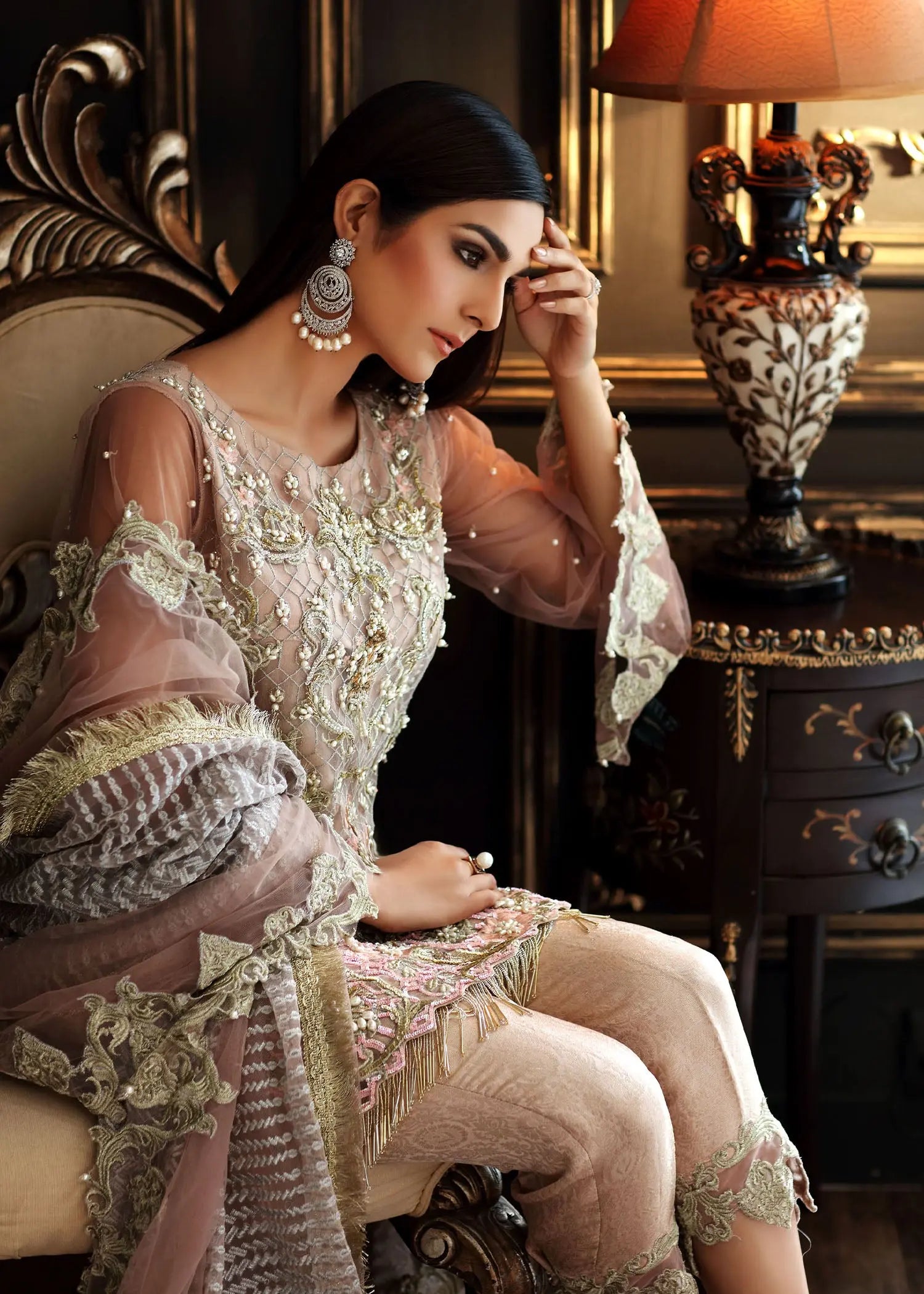 Pakistani Powder Pink Embellished Net & Jamawar Salwar Kameez (3-Piece) - Image 5