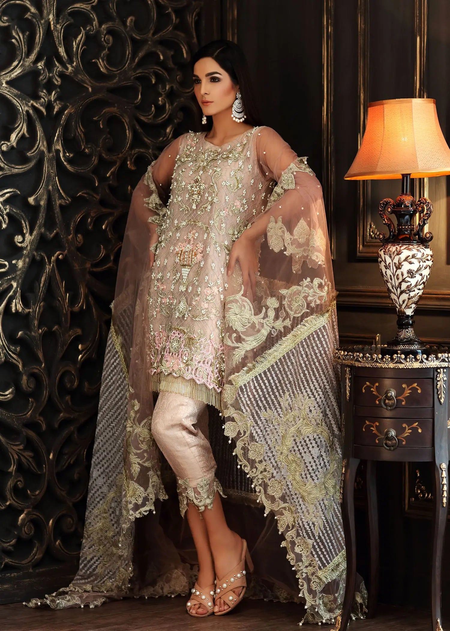 Pakistani Powder Pink Embellished Net & Jamawar Salwar Kameez (3-Piece) - Image 6