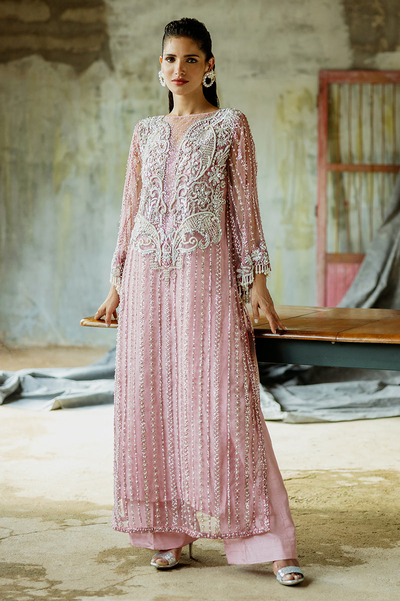 Pakistani Powder Pink Embroidered Net Salwar Kameez (3-Piece) - Image 1