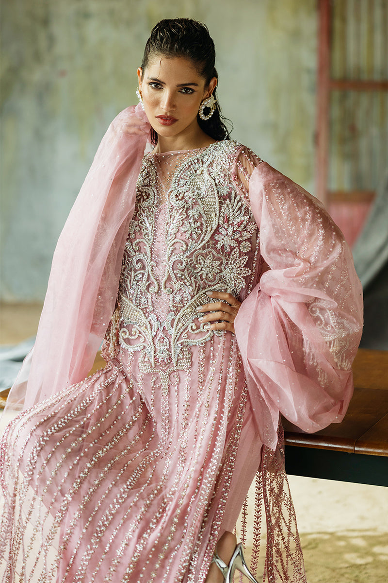 Pakistani Powder Pink Embroidered Net Salwar Kameez (3-Piece) - Image 10