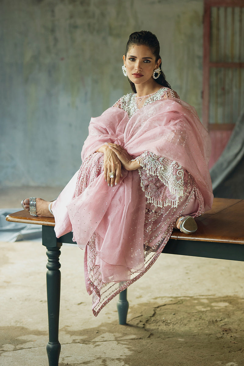 Pakistani Powder Pink Embroidered Net Salwar Kameez (3-Piece) - Image 11