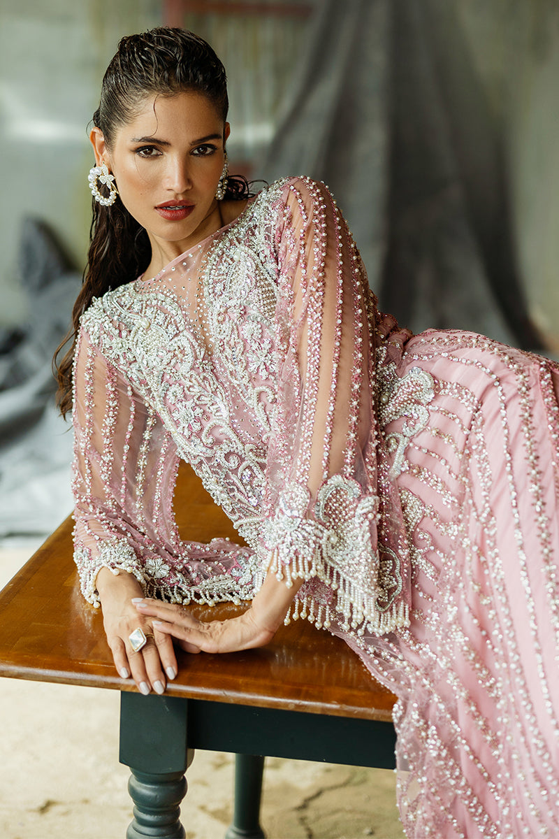 Pakistani Powder Pink Embroidered Net Salwar Kameez (3-Piece) - Image 12