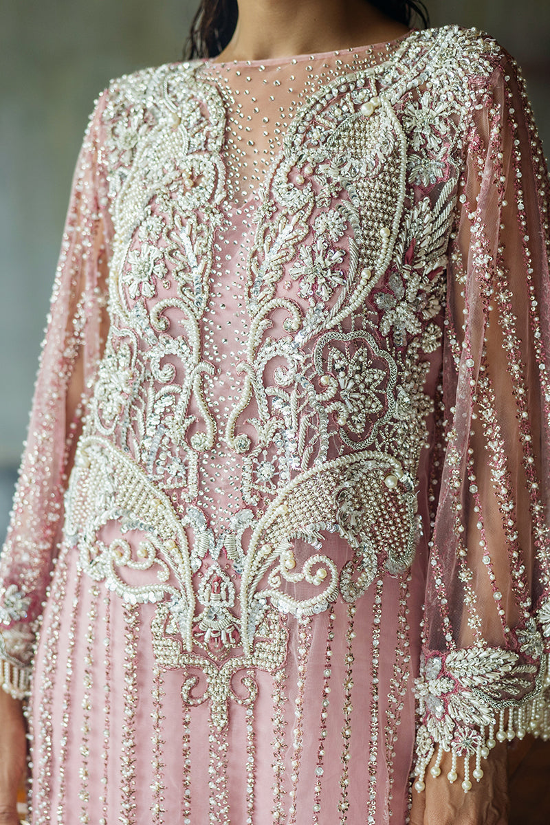 Pakistani Powder Pink Embroidered Net Salwar Kameez (3-Piece) - Image 13