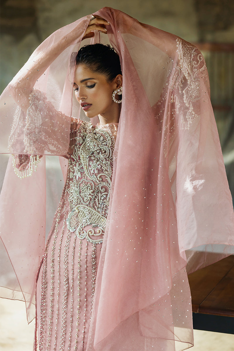 Pakistani Powder Pink Embroidered Net Salwar Kameez (3-Piece) - Image 16