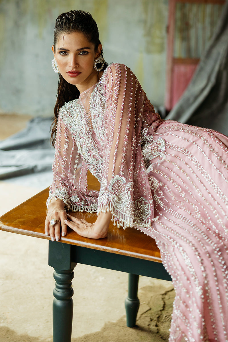 Pakistani Powder Pink Embroidered Net Salwar Kameez (3-Piece) - Image 17