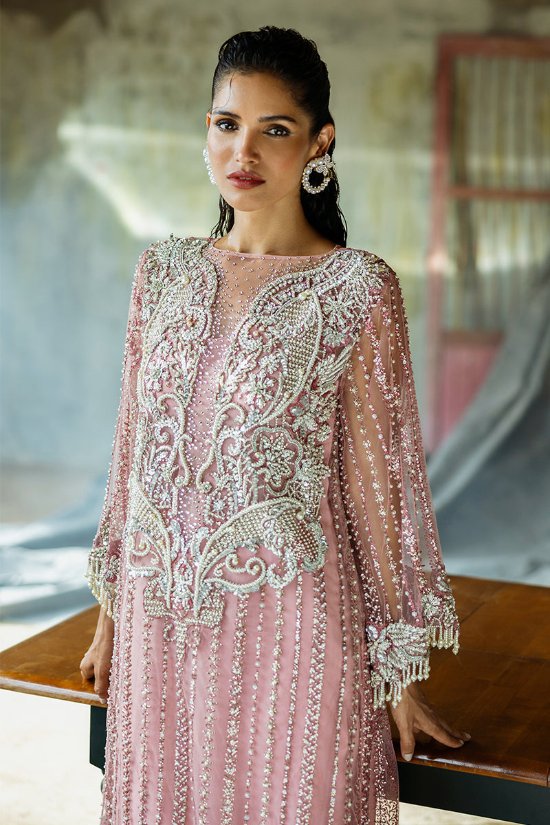 Pakistani Powder Pink Embroidered Net Salwar Kameez (3-Piece) - Image 2