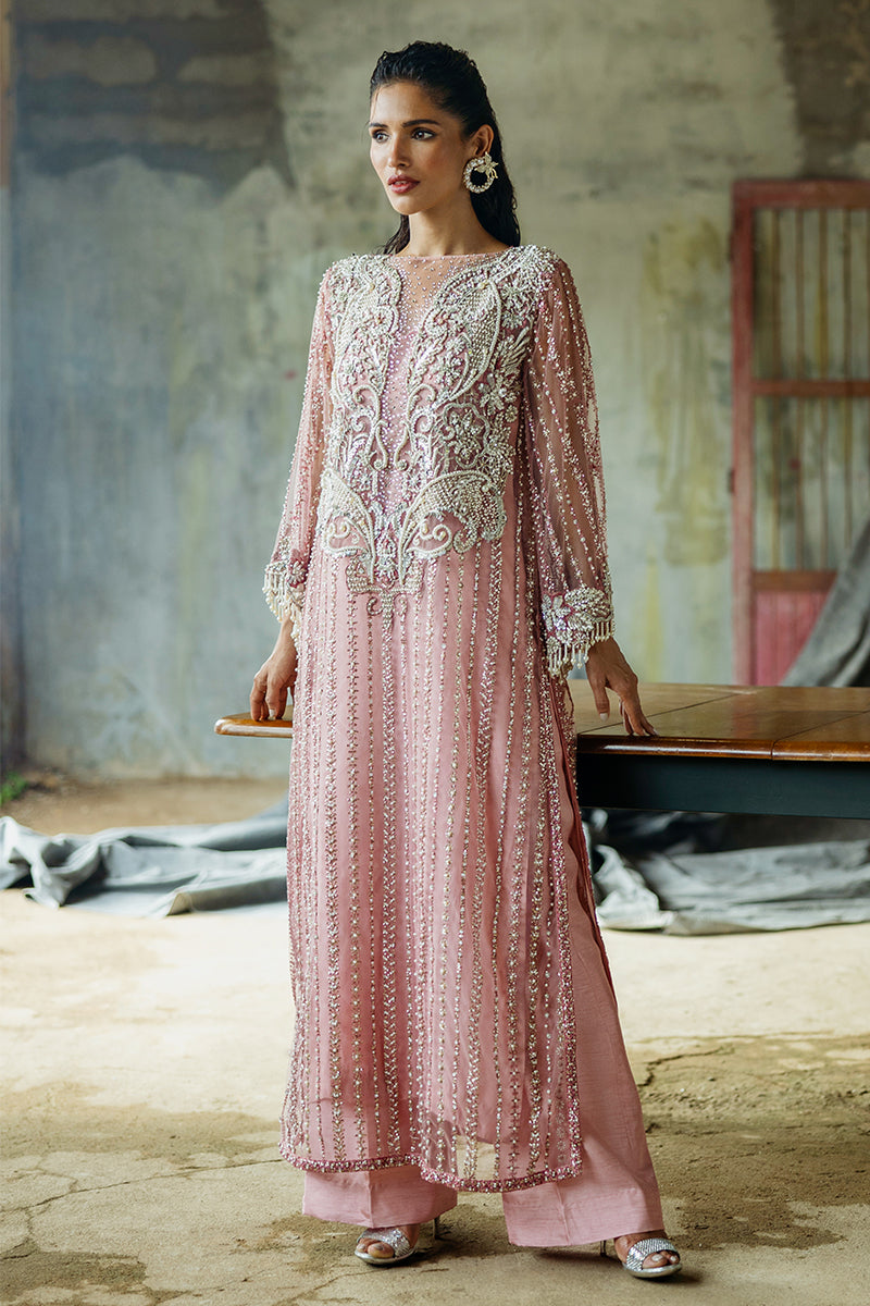 Pakistani Powder Pink Embroidered Net Salwar Kameez (3-Piece) - Image 3