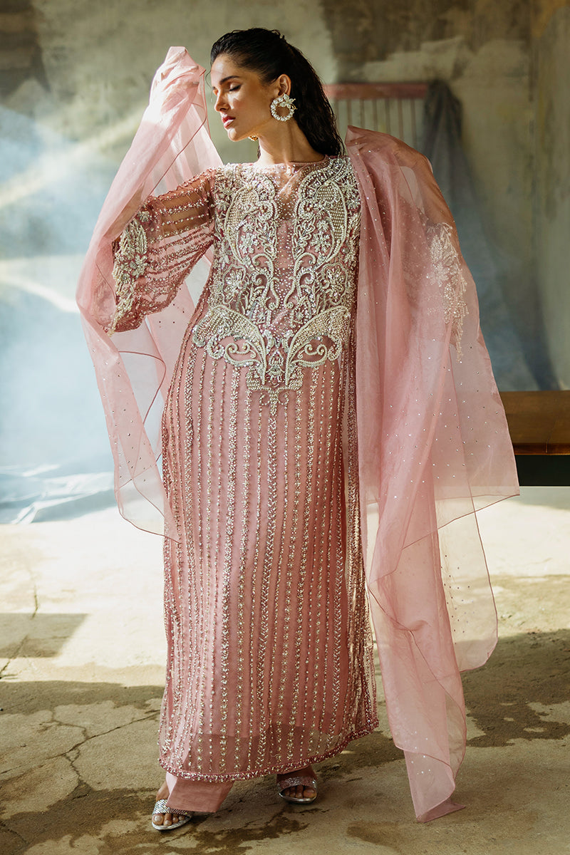 Pakistani Powder Pink Embroidered Net Salwar Kameez (3-Piece) - Image 5