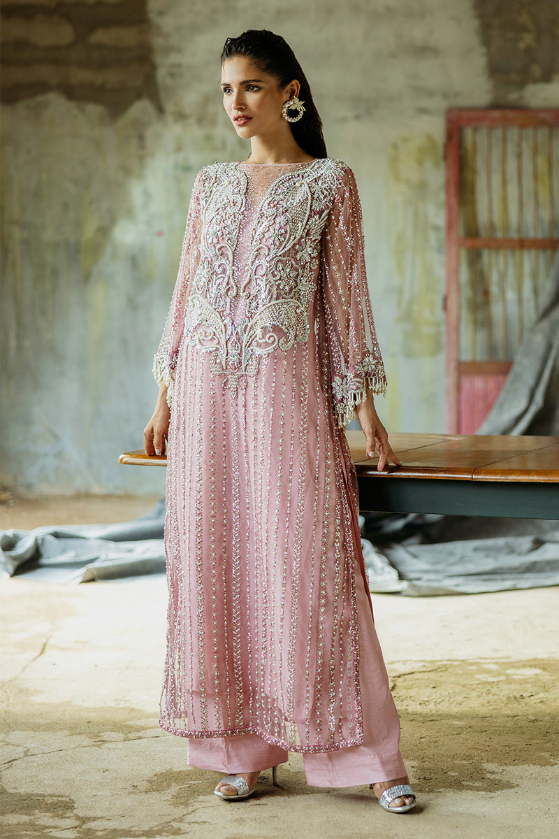 Pakistani Powder Pink Embroidered Net Salwar Kameez (3-Piece) - Image 6