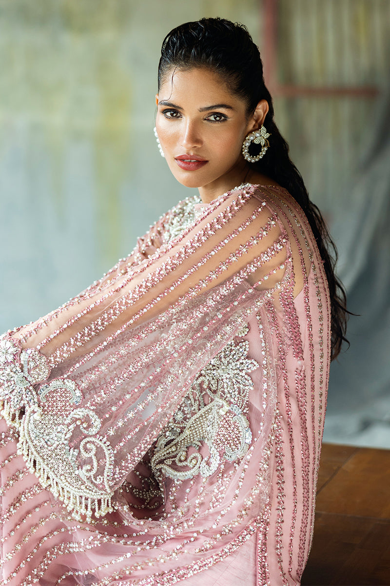 Pakistani Powder Pink Embroidered Net Salwar Kameez (3-Piece) - Image 7