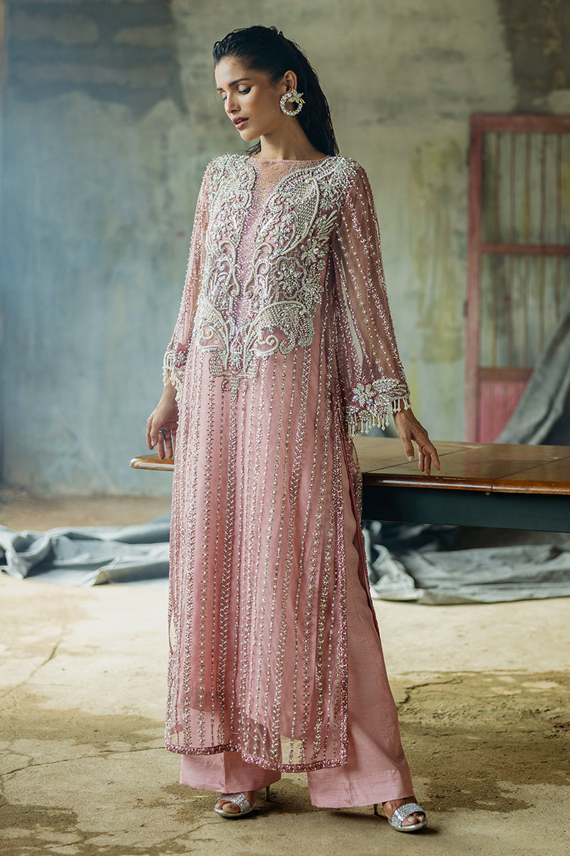 Pakistani Powder Pink Embroidered Net Salwar Kameez (3-Piece) - Image 8