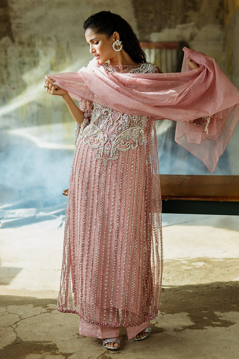 Pakistani Powder Pink Embroidered Net Salwar Kameez (3-Piece) - Image 9