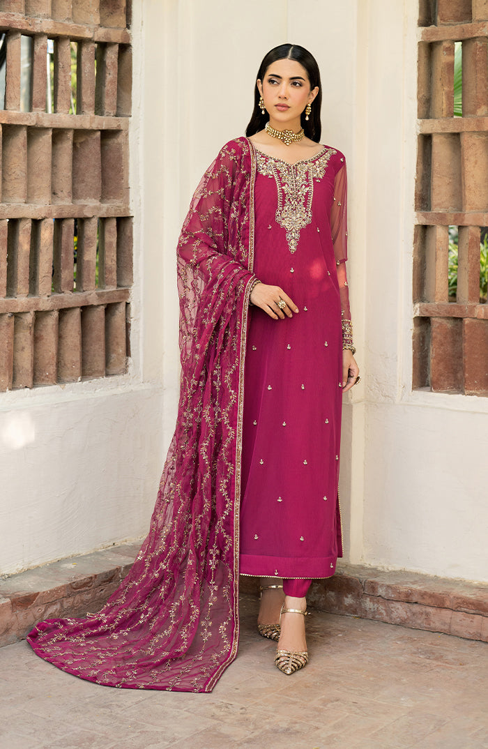 Magenta Hand-Embellished Net Salwar Kameez (3-Piece) - Image 1