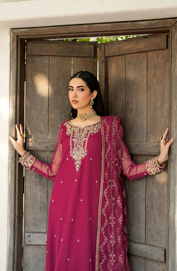 Magenta Hand-Embellished Net Salwar Kameez (3-Piece) - Image 3