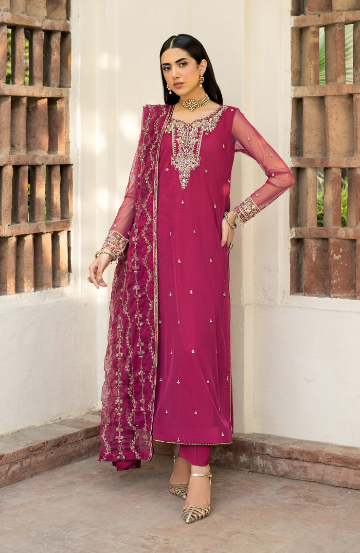 Magenta Hand-Embellished Net Salwar Kameez (3-Piece) - Image 5