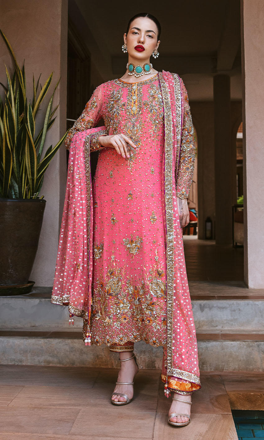 Vivid Pink Handworked Net Salwar Kameez (3-Piece) - Image 1