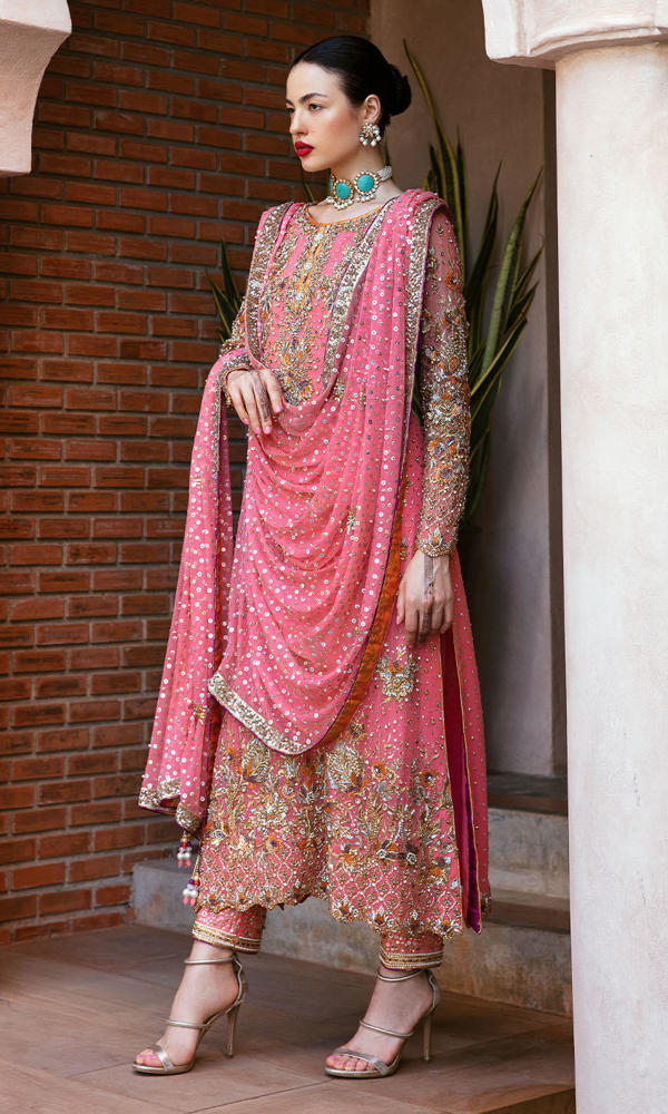 Vivid Pink Handworked Net Salwar Kameez (3-Piece) - Image 4