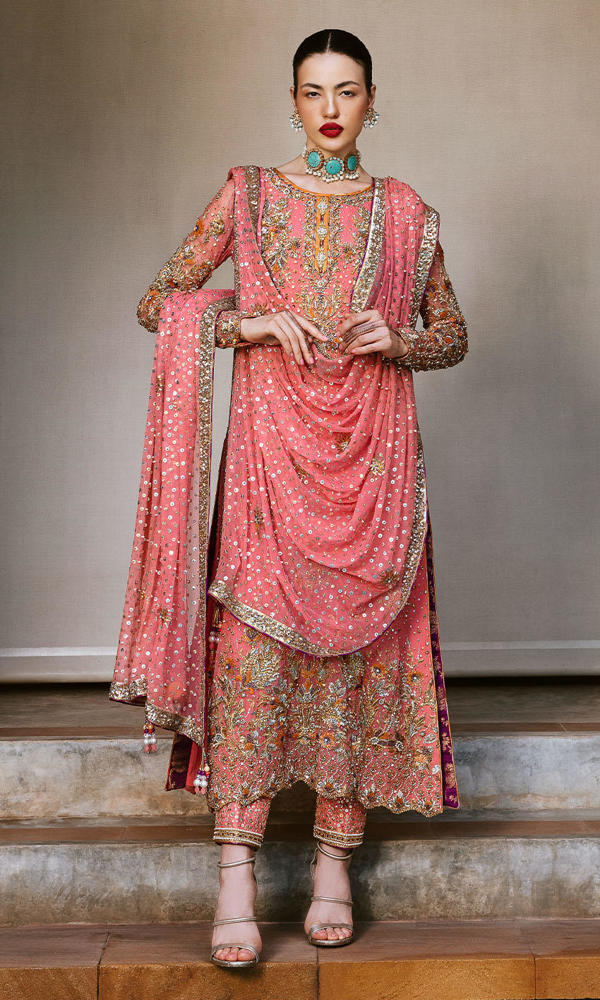 Vivid Pink Handworked Net Salwar Kameez (3-Piece) - Image 5