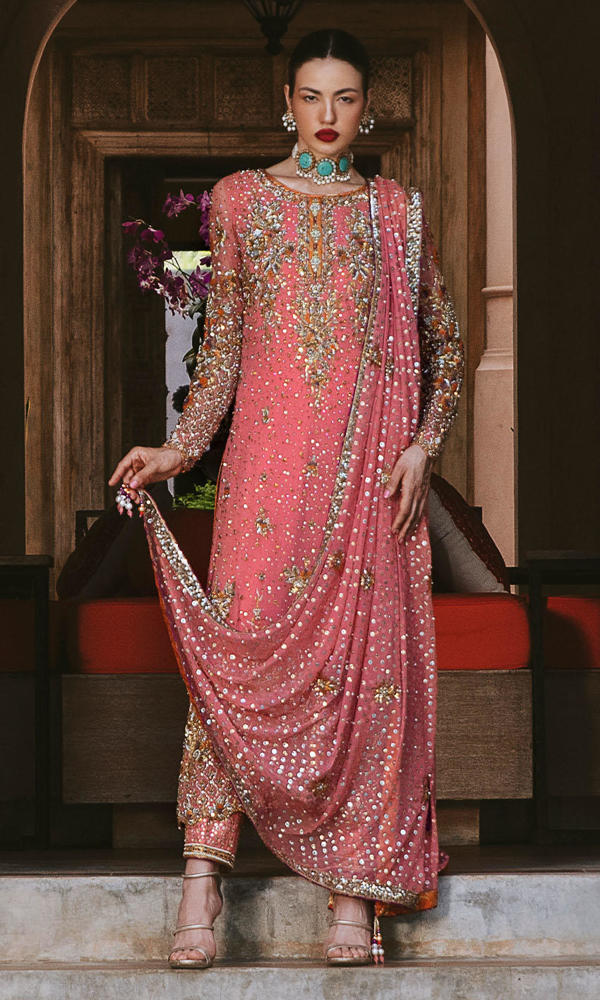 Vivid Pink Handworked Net Salwar Kameez (3-Piece) - Image 8