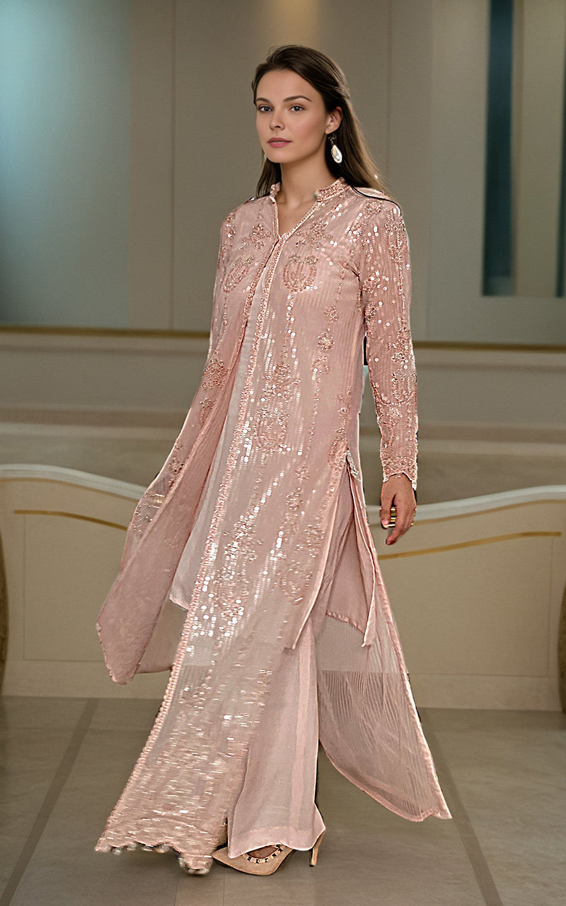 Pakistani Blush Pink Cutwork Embroidered Net Long Jacket (3-Piece) - Image 3