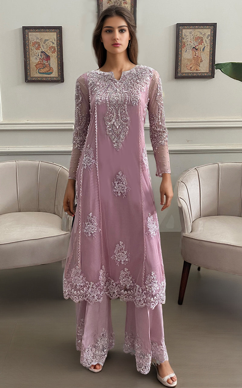 Mauve Embroidered Net Salwar Kameez (2-Piece) - Image 1