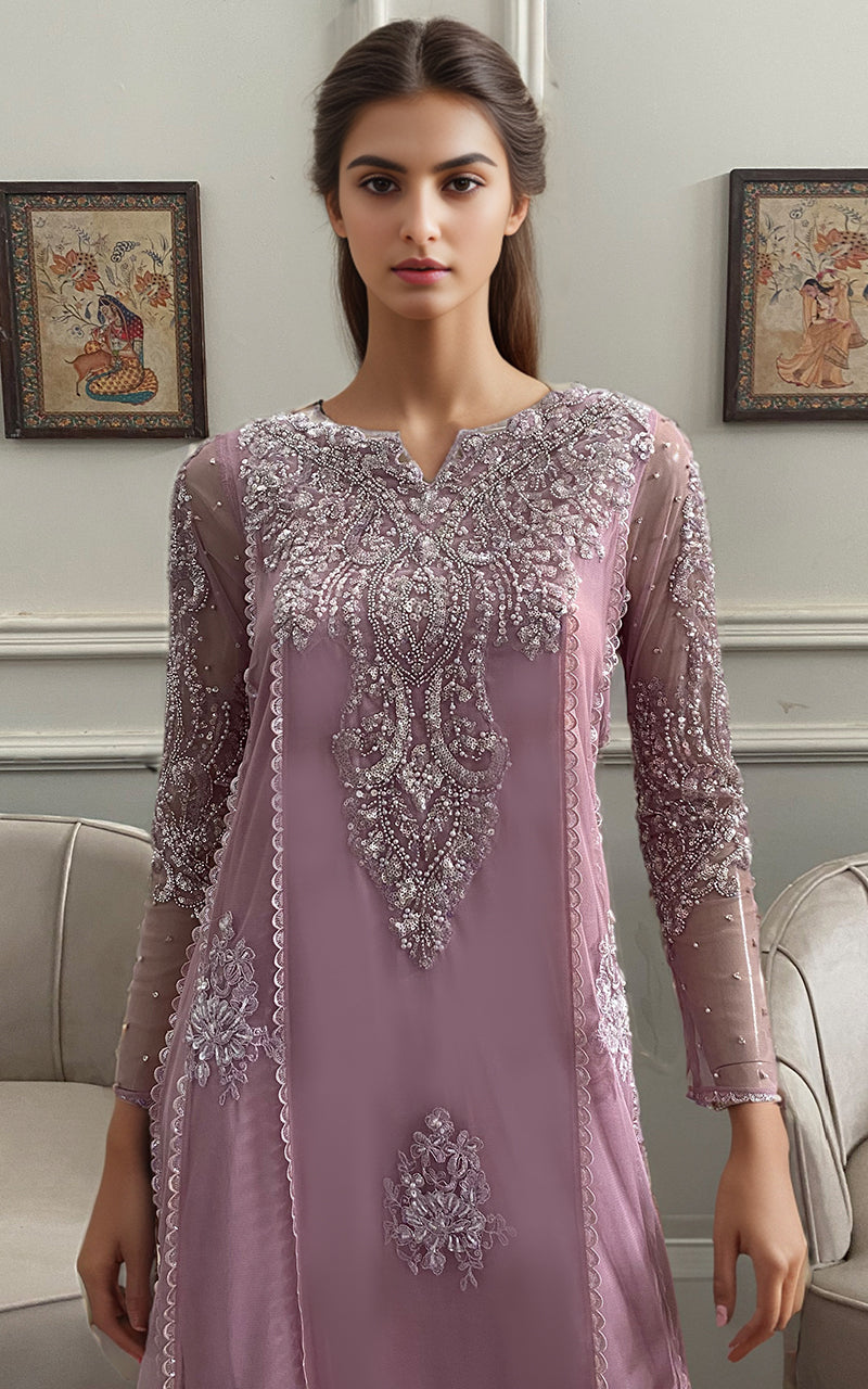 Mauve Embroidered Net Salwar Kameez (2-Piece) - Image 2