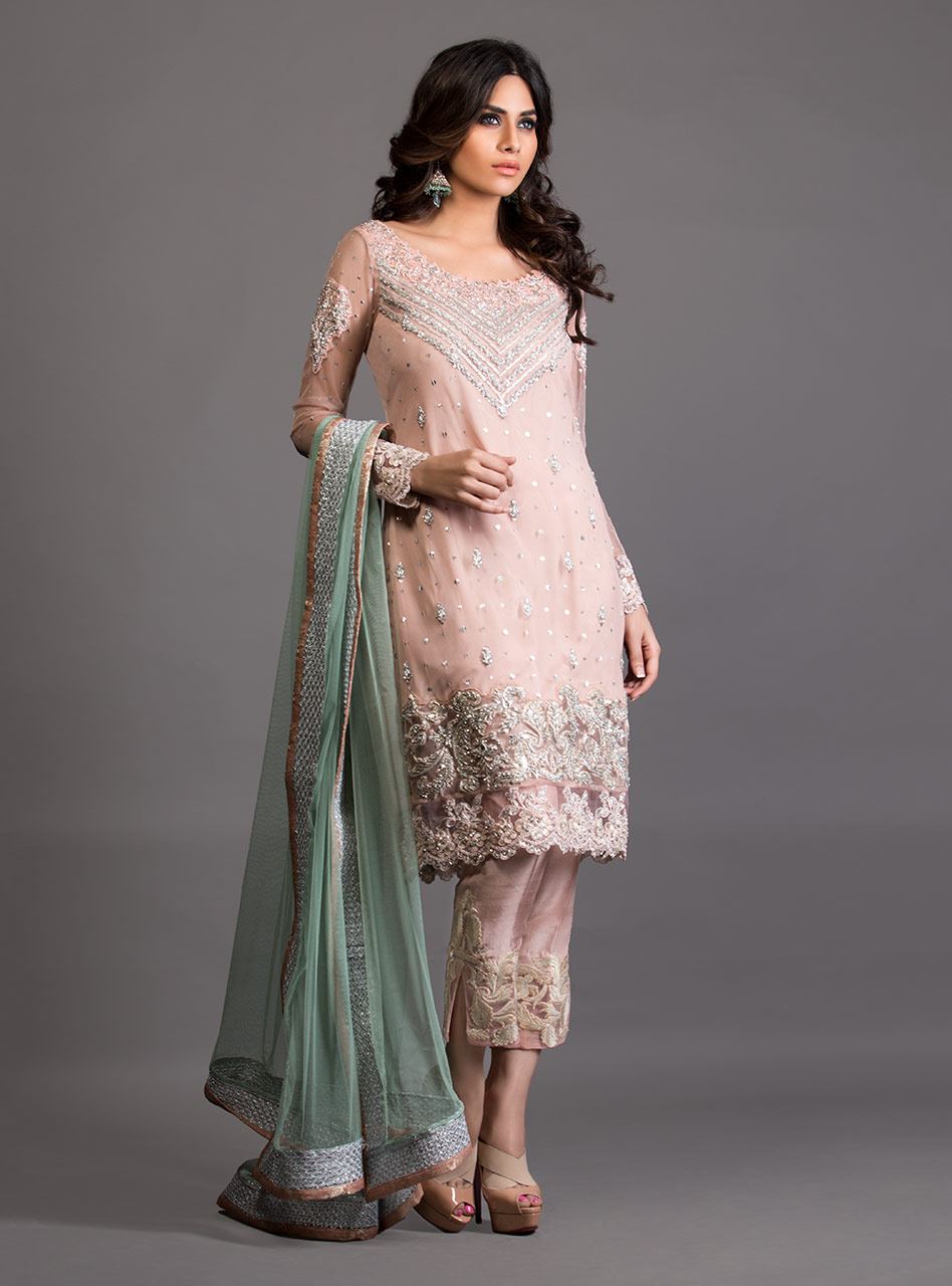 Pakistani Salmon Pink Embroidered Net Salwar Kameez (3-Piece) - Image 1