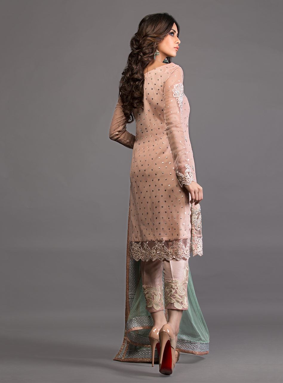 Pakistani Salmon Pink Embroidered Net Salwar Kameez (3-Piece) - Image 2