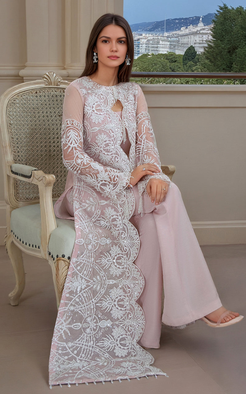 Pakistani Blush Pink Embroidered Net Long Jacket Salwar Kameez (3-Piece) - Image 2