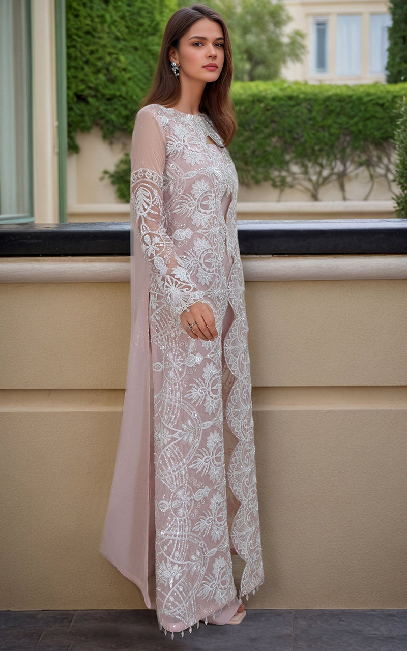 Pakistani Blush Pink Embroidered Net Long Jacket Salwar Kameez (3-Piece) - Image 5